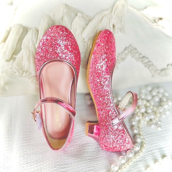 HANKAYOU | 34 / 5 | Girls’ Pink Glitter Low Heel Mary Jane Sparkle Shoe - Picture 7 of 13